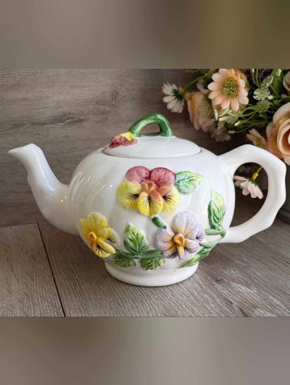Vintage Planter Teapot With Lid Ceramic Pansies Farmhouse Home Decor 5.50"